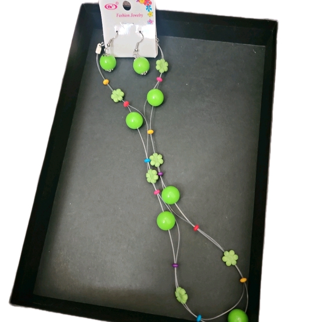 Green Beaded Necklace And Earring Set